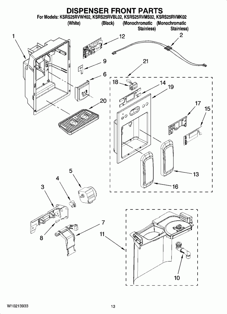 DISPENSER FRONT PARTS Diagram and Parts List for KSRS25RVBL02  KitchenAid Refrigerator