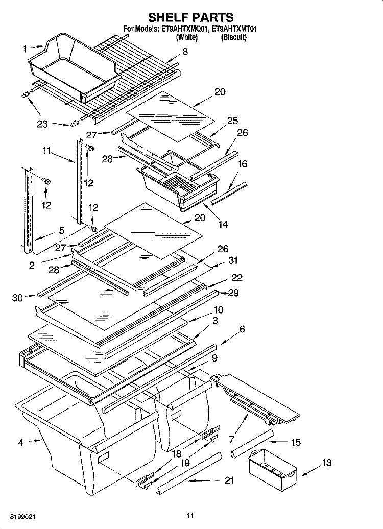 SHELF PARTS Diagram and Parts List for ET9AHTXMT01  Whirlpool Refrigerator