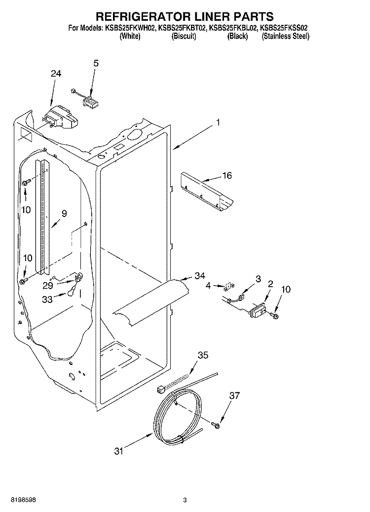 REFRIGERATOR LINER PARTS Diagram and Parts List for KSBS25FKBL02  KitchenAid Refrigerator