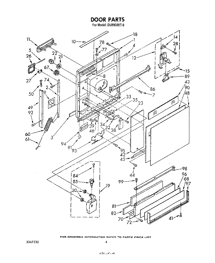 DOOR Diagram and Parts List for DU8900XT0  Whirlpool Dishwasher