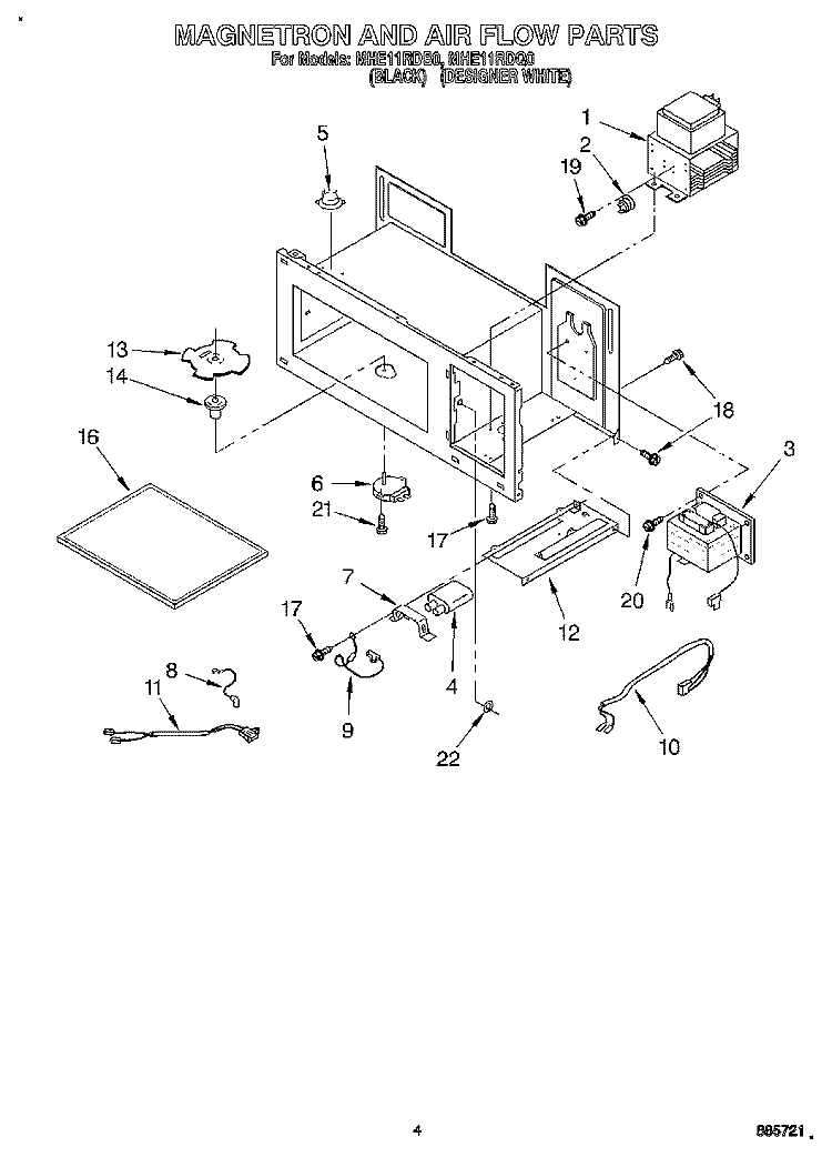 MAGNETRON AND AIR FLOW Diagram and Parts List for MHE11RDB0  Roper Microwave