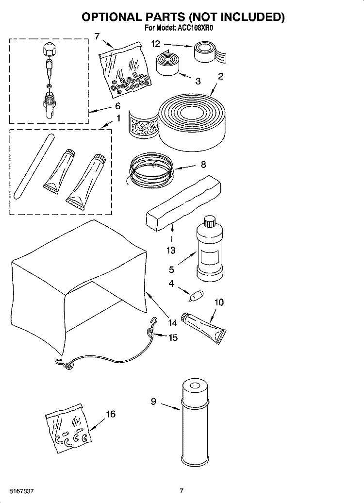OPTIONAL  PARTS (NOT INCLUDED) Diagram and Parts List for ACC108XR0  Whirlpool Air Conditioner