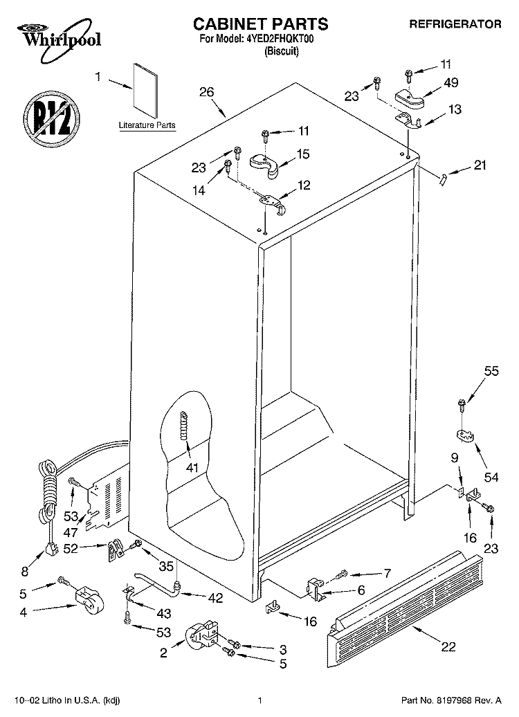 CABINET, LITERATURE Diagram and Parts List for 4YED2FHQKT00  Whirlpool Refrigerator