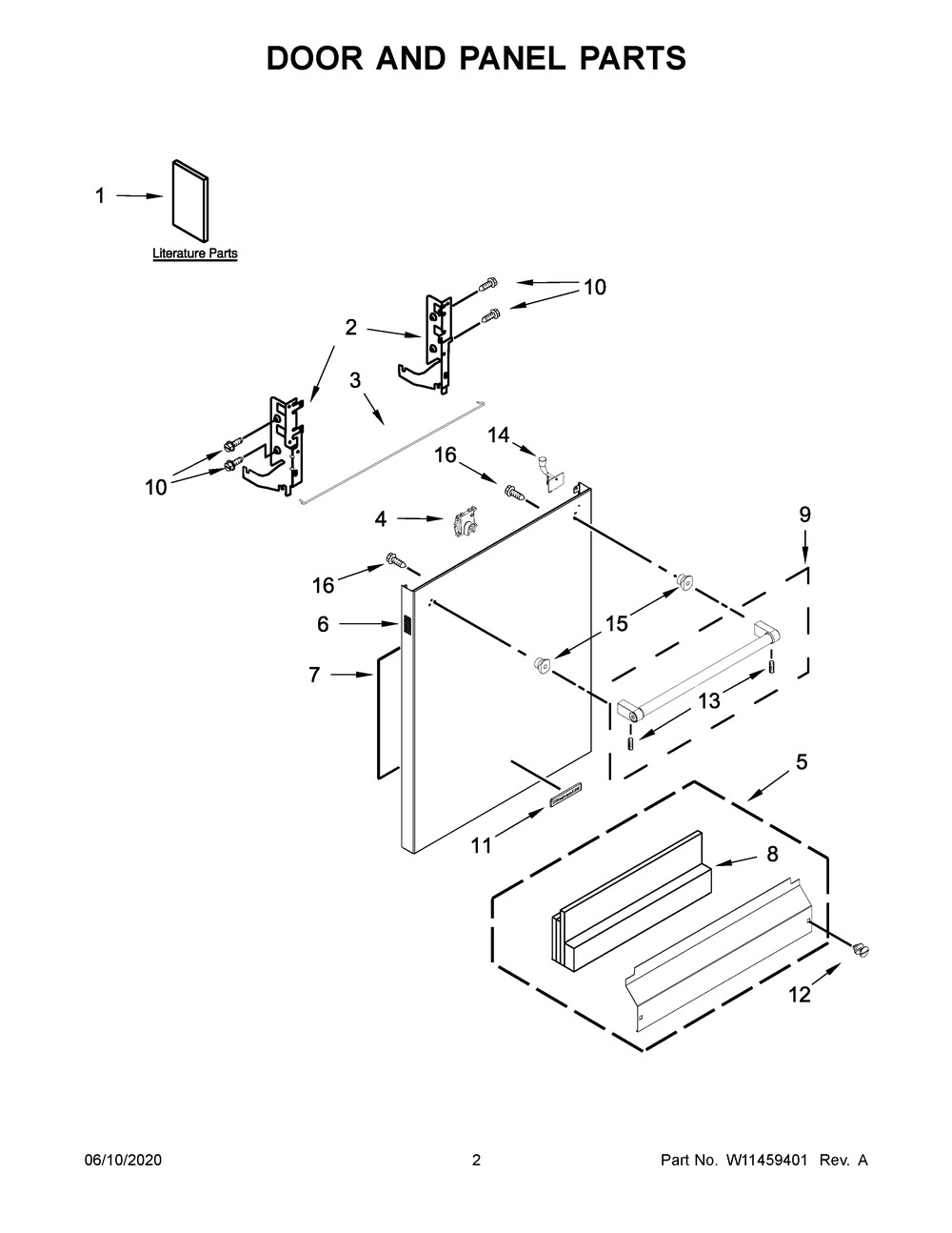 Door And Panel Parts Diagram and Parts List for KDTE204GPS1  Whirlpool Dishwasher