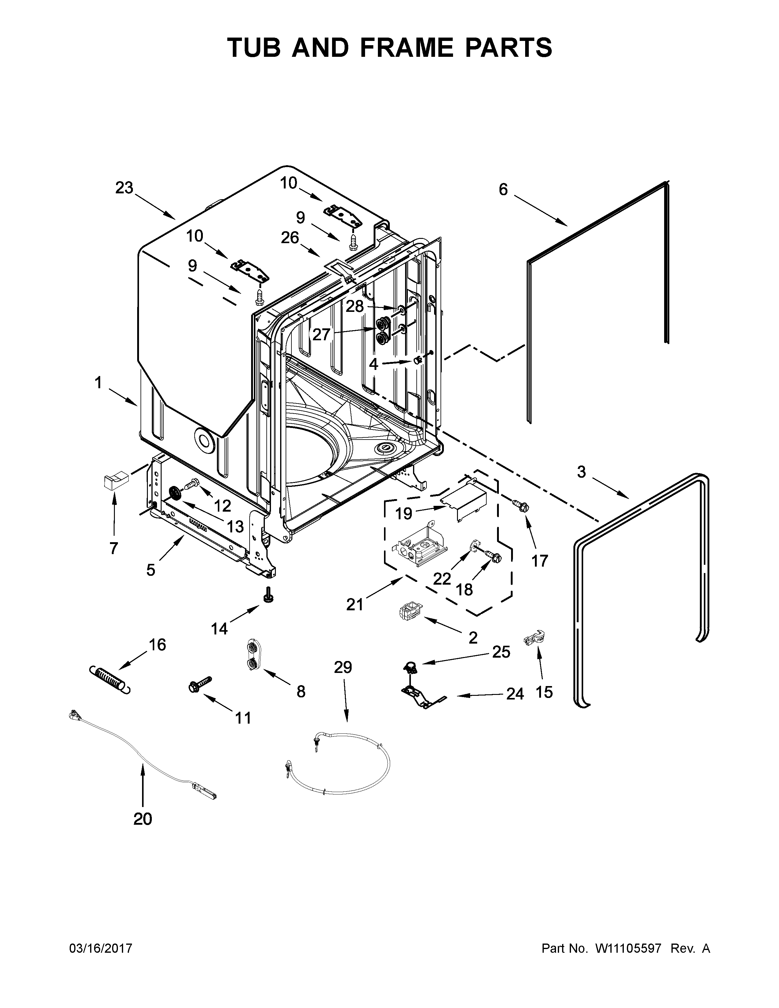 Tub And Frame Parts Diagram and Parts List for 66514565N611  Kenmore Dishwasher