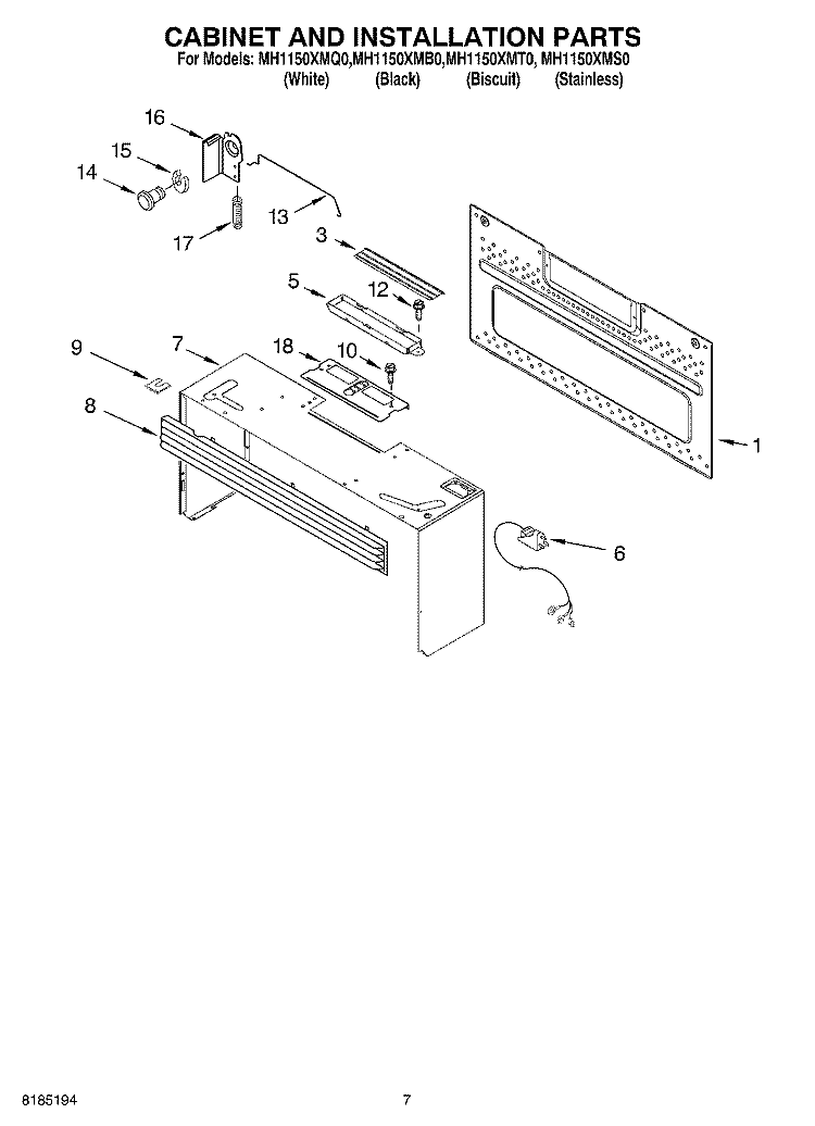 CABINET AND INSTALLATION PARTS Diagram and Parts List for MH1150XMS0  Whirlpool Microwave