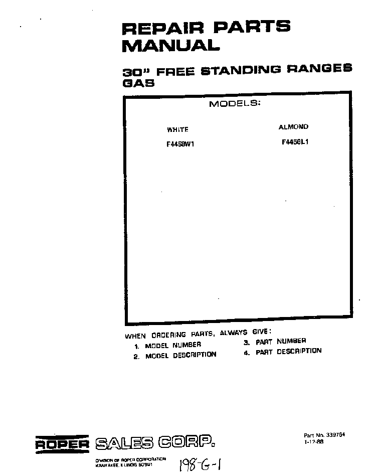 Front Cover Diagram and Parts List for F4458W1  Roper Range