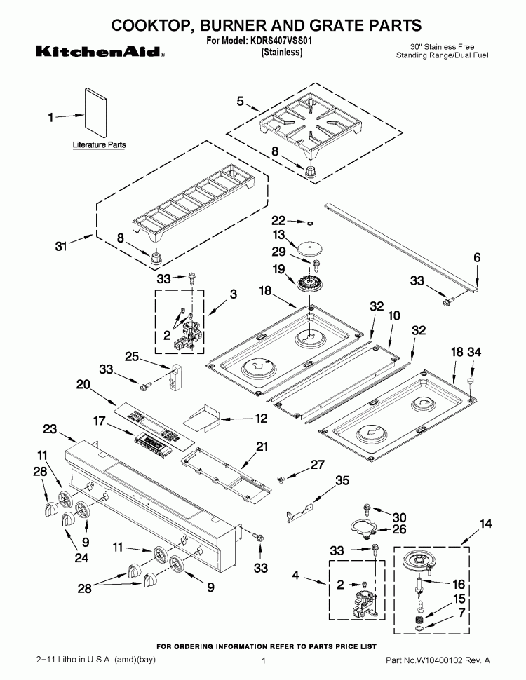 COOKTOP, BURNER AND GRATE PARTS Diagram and Parts List for KDRS407VSS01  KitchenAid Range