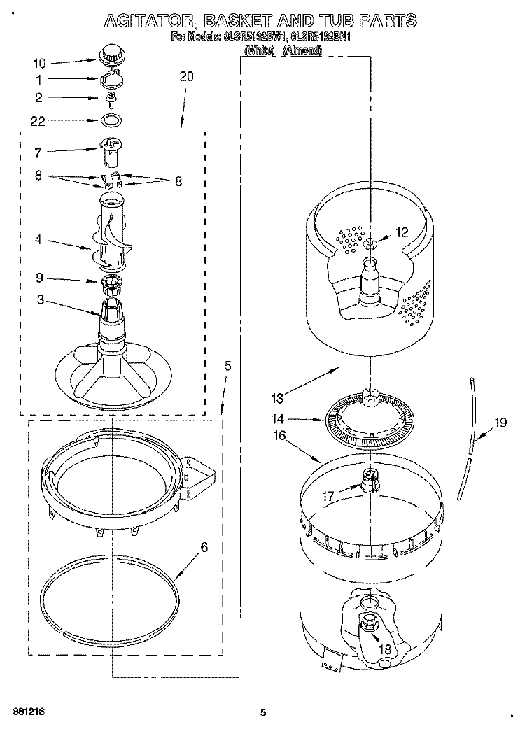 AGITATOR, BASKET AND TUB Diagram and Parts List for 8LSR5132BW1  Whirlpool Washer