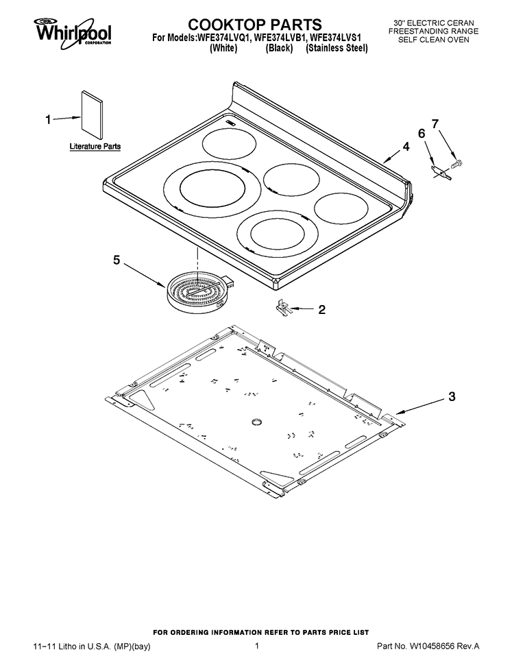 COOKTOP PARTS Diagram and Parts List for WFE374LVQ1  Whirlpool Range