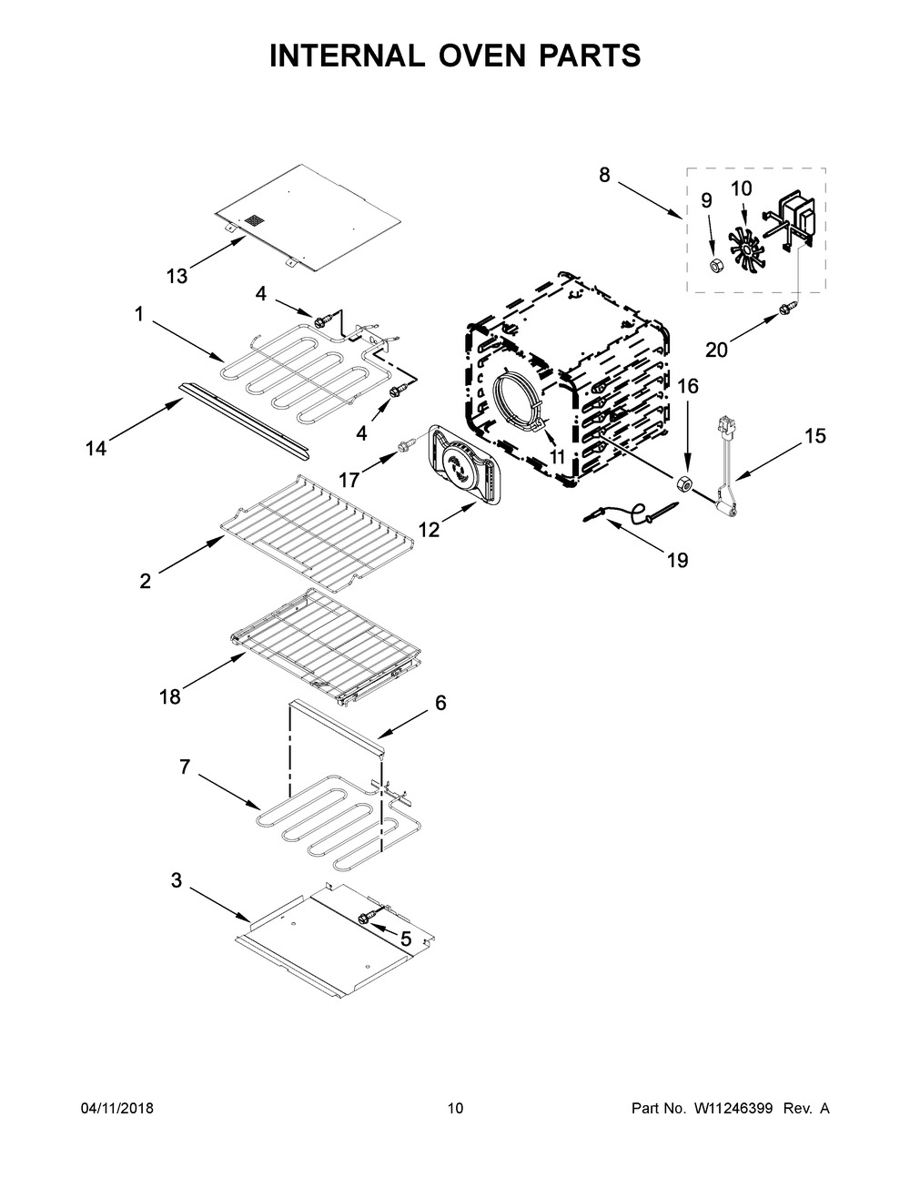 Internal Oven Parts Diagram and Parts List for KODE300ESS04  Whirlpool Wall Oven