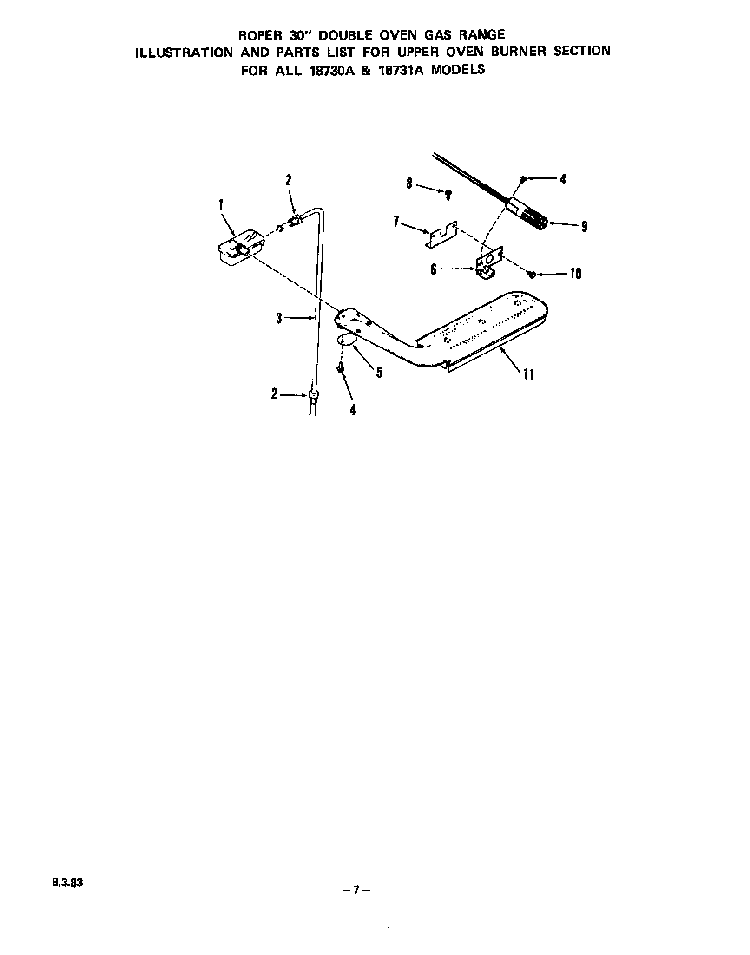 Upper Oven Burner Diagram and Parts List for 1873*1A  Roper Wall Oven