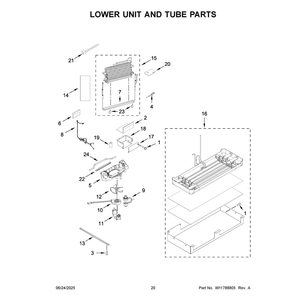 Lower Unit And Tube Parts Diagram and Parts List for KBFN502EBS06  KitchenAid Refrigerator