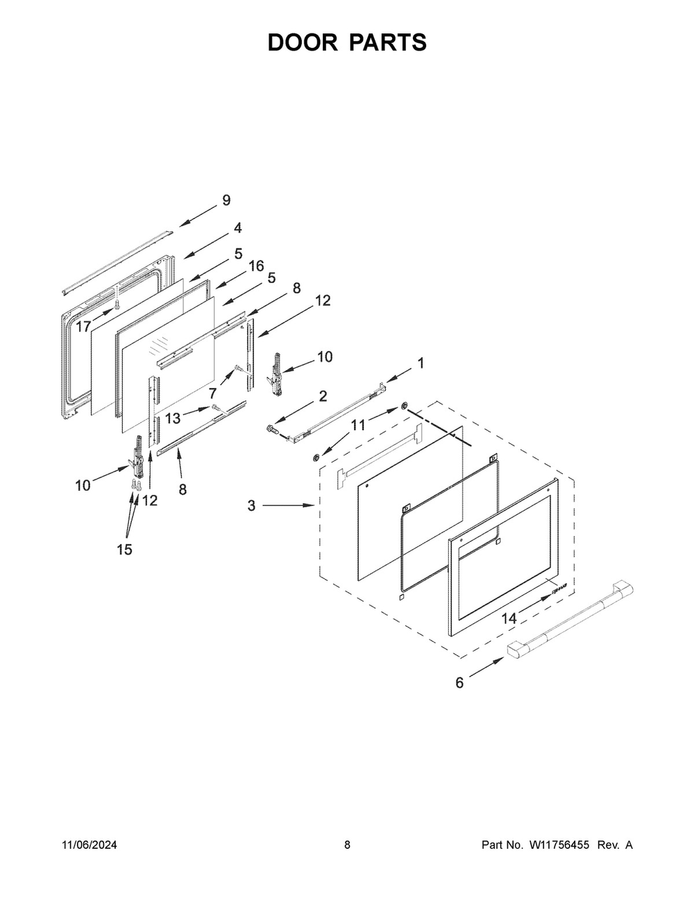 05 - Door Parts Diagram and Parts List for JGS1450ML2  Whirlpool Range