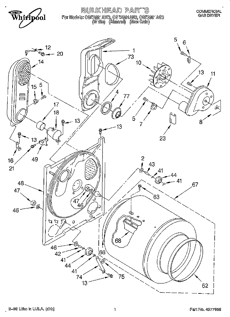 BULKHEAD Diagram and Parts List for CGE2991AN3  Whirlpool Dryer