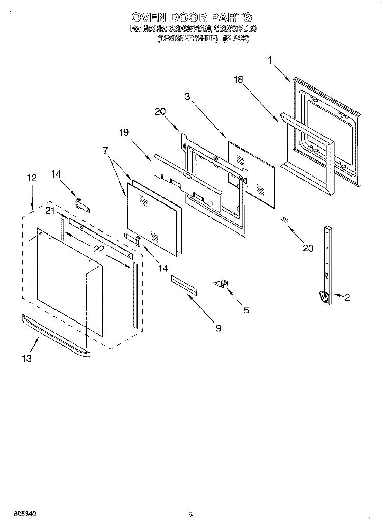 OVEN DOOR Diagram and Parts List for GBD307PDB0  Whirlpool Wall Oven