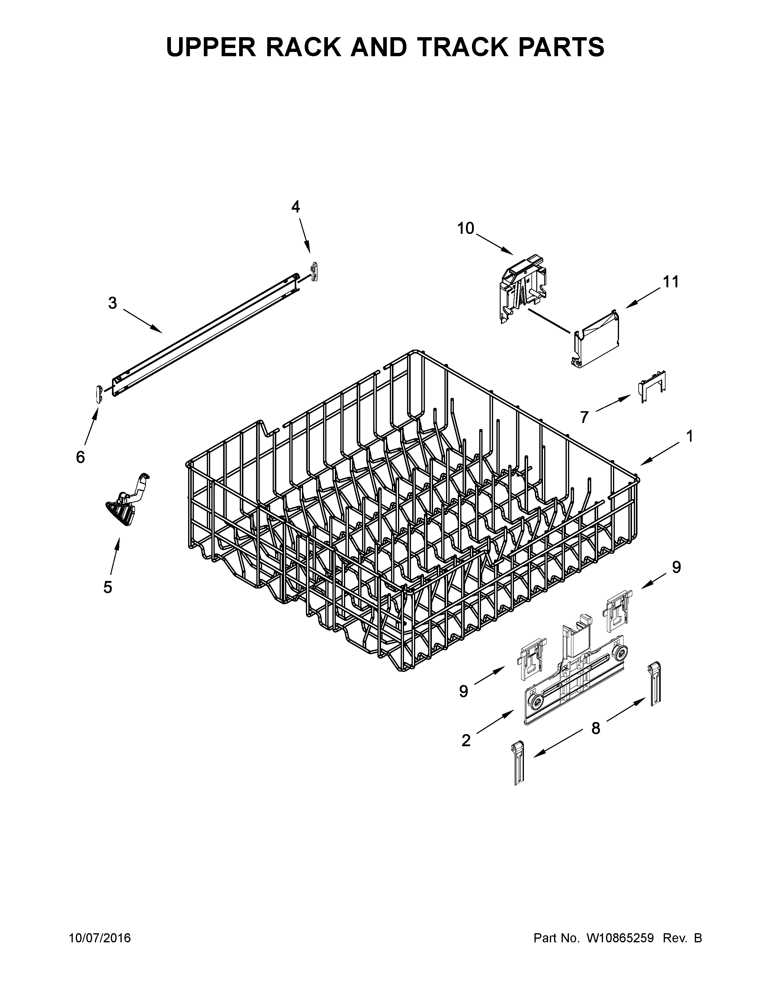 Upper Rack And Track Parts Diagram and Parts List for 66514552N610  Kenmore Dishwasher