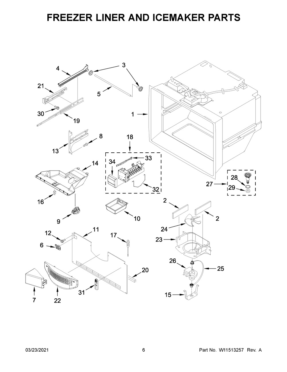 Freezer Liner And Icemaker Parts Diagram and Parts List for WRFA35SWHZ05  Whirlpool Refrigerator