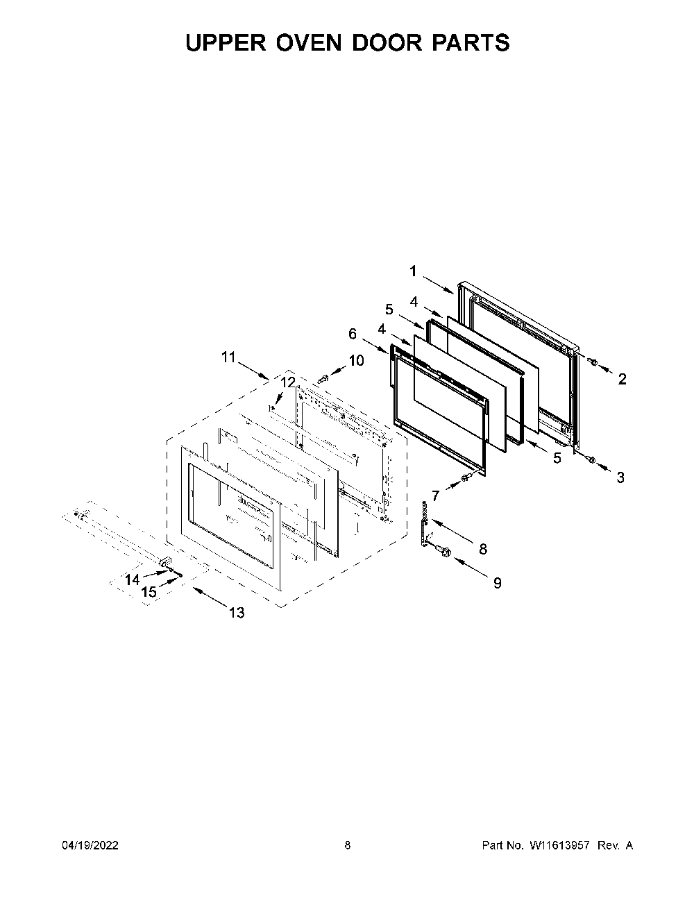 Upper Oven Door Parts Diagram and Parts List for KODT100ESS20  KitchenAid Wall Oven