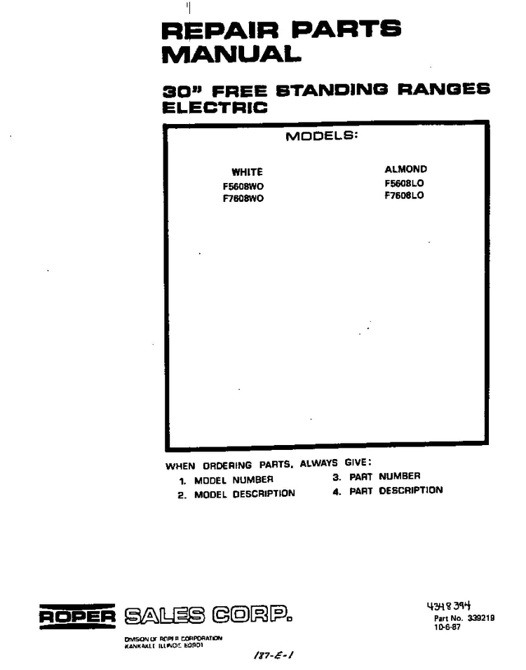 Front Cover Diagram and Parts List for F7608*0  Roper Range