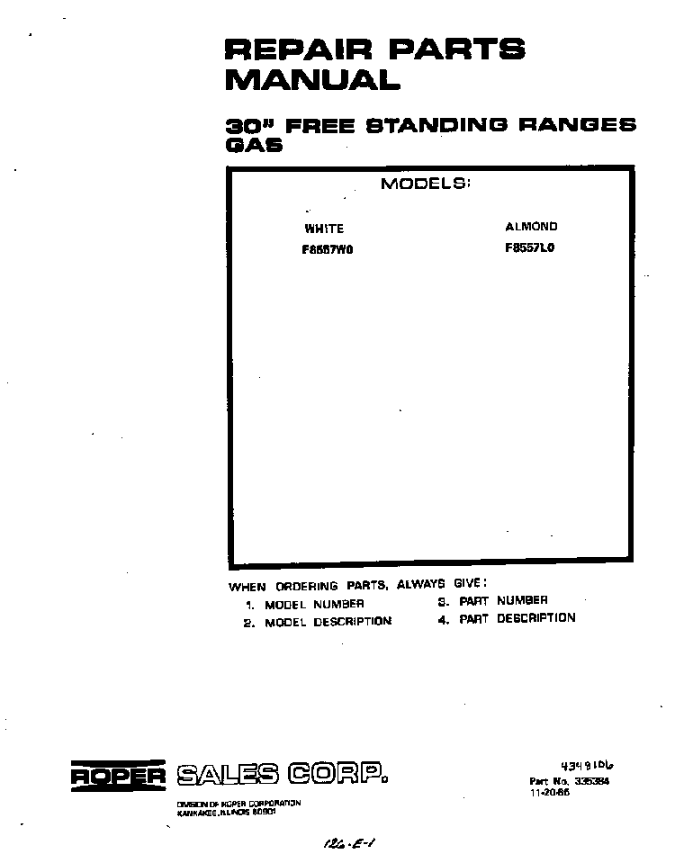 Cover Page-text Only Diagram and Parts List for F8557*0  Roper Range