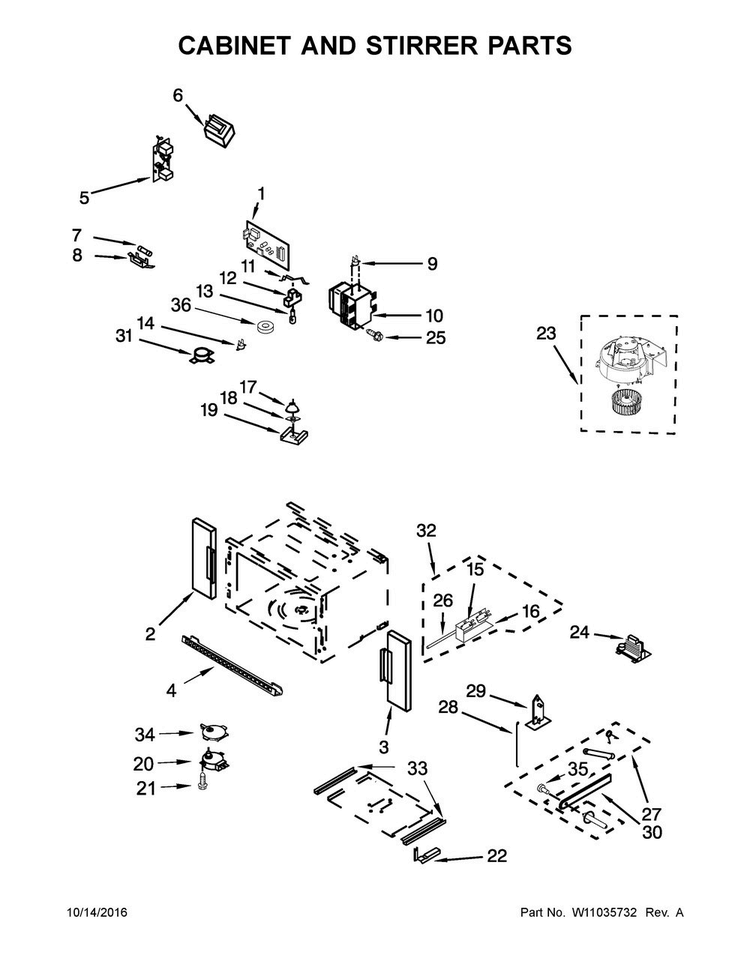 Cabinet And Stirrer Parts Diagram and Parts List for WOC54EC7AS04  Whirlpool Microwave
