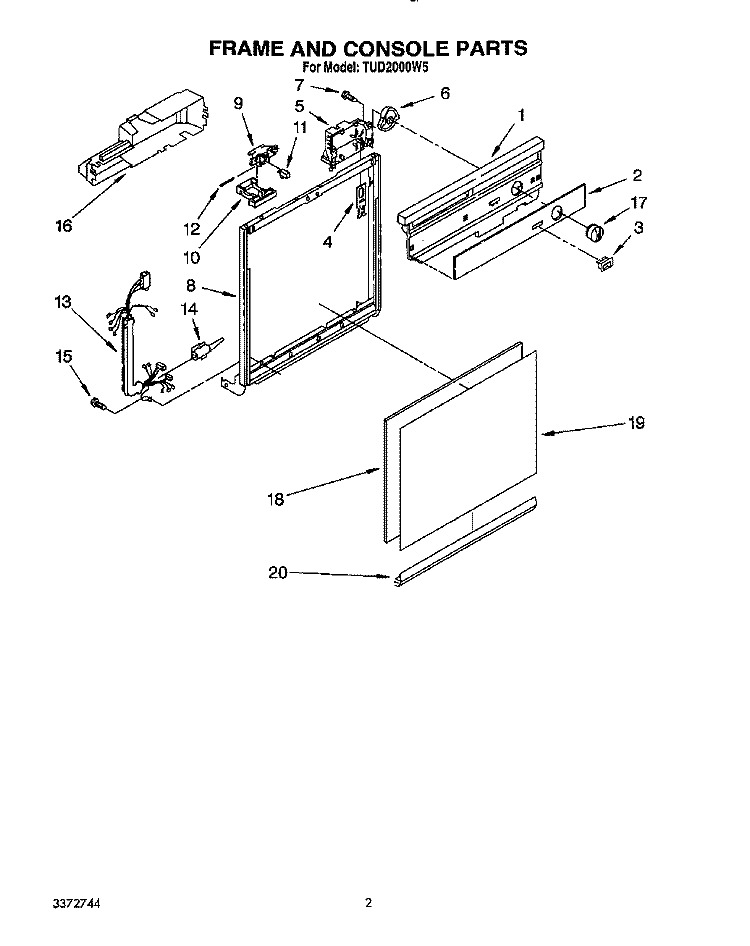 FRAME AND CONSOLE Diagram and Parts List for TUD2000W5  Whirlpool Dishwasher