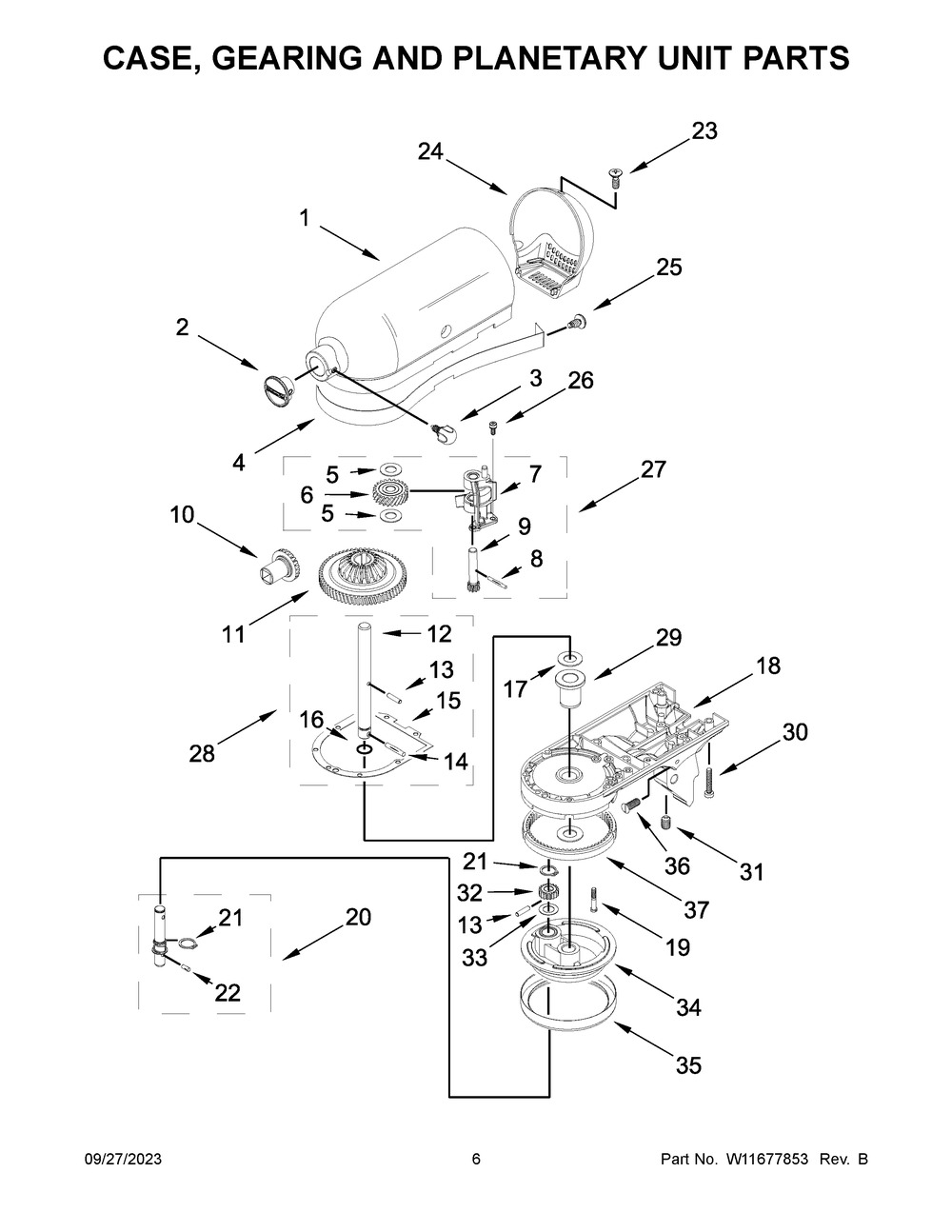 Case, Gearing And Planetary Unit Parts Diagram and Parts List for KSM192XDER5  KitchenAid Mixer