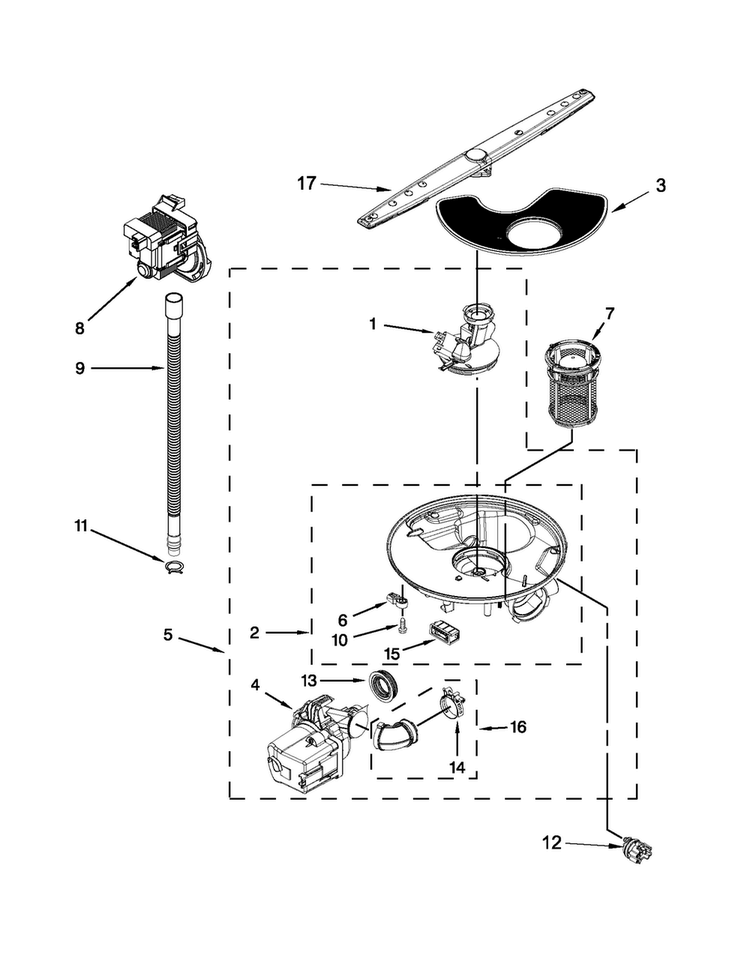 Pump, Washarm And Motor Parts Diagram and Parts List for WDF530PAYB6  Whirlpool Dishwasher