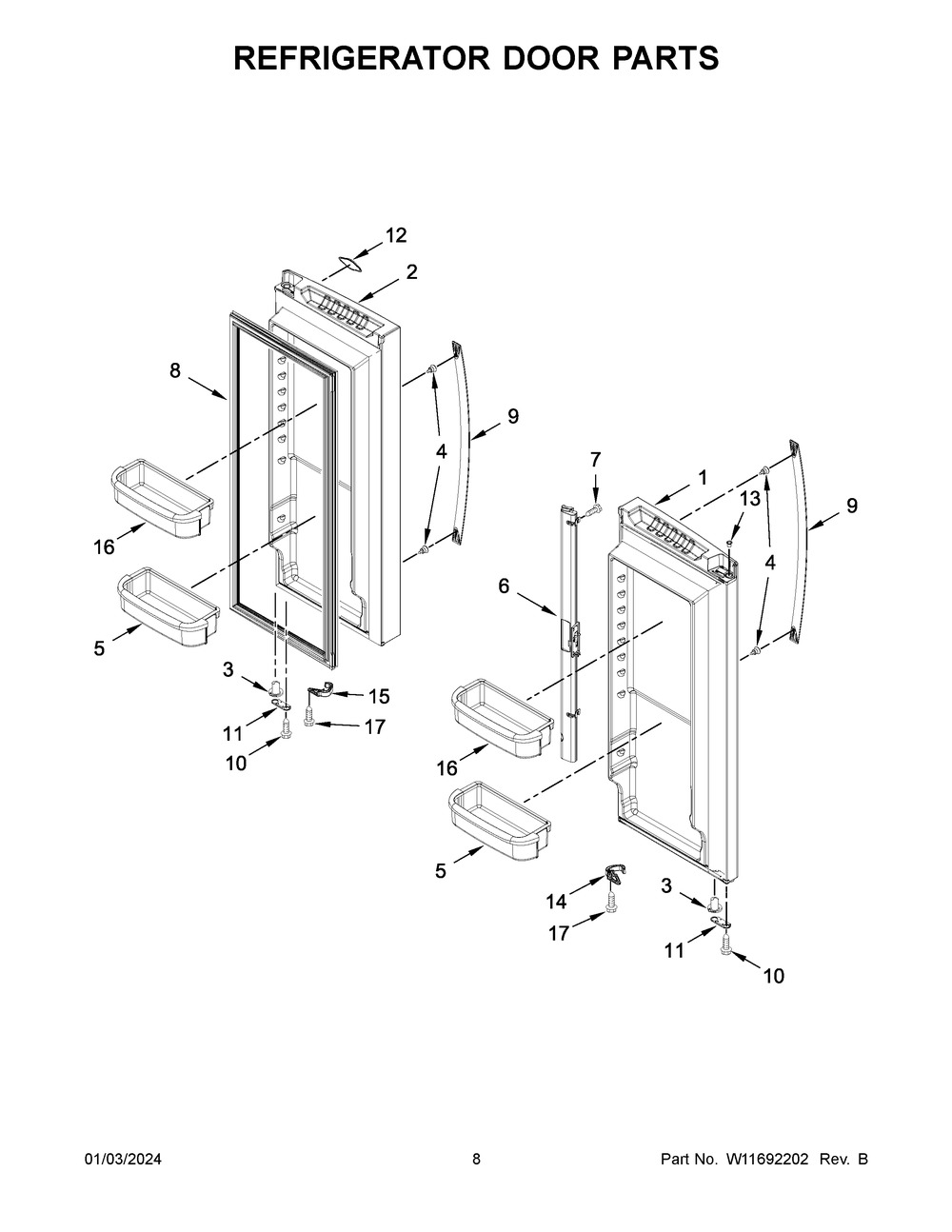 Refrigerator Door Parts Diagram and Parts List for WRF535SWHZ11  Whirlpool Refrigerator