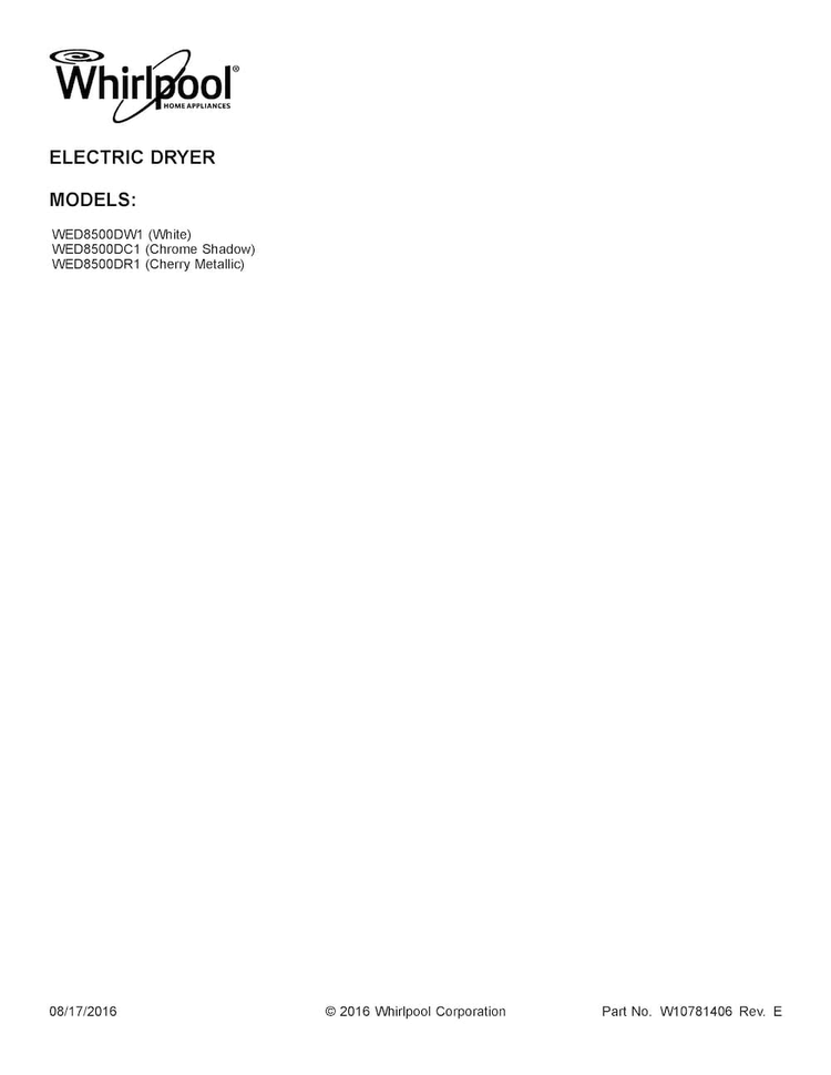 Cover Sheet Diagram and Parts List for WED8500DR1  Whirlpool Dryer