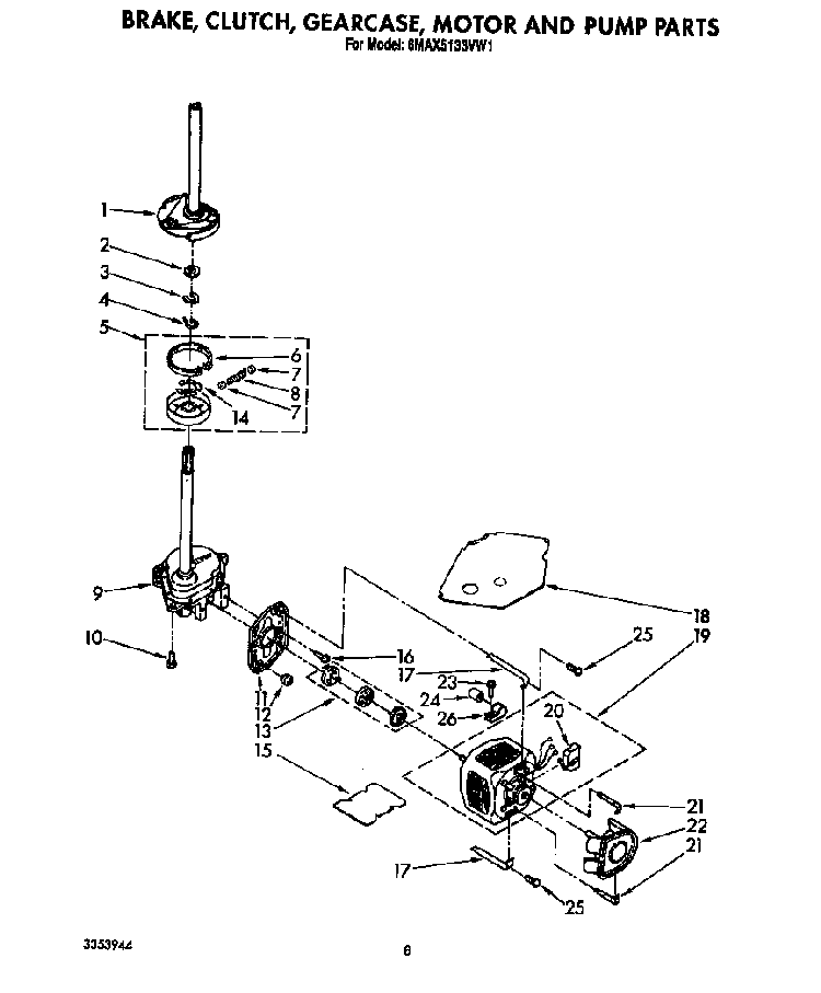 Brake, Clutch, Gearcase, Motor And Pump Diagram and Parts List for 6MAX5133VW1  Whirlpool Washer