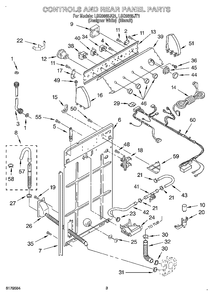 CONTROLS AND REAR PANEL Diagram and Parts List for LSQ9665JQ1  Whirlpool Washer