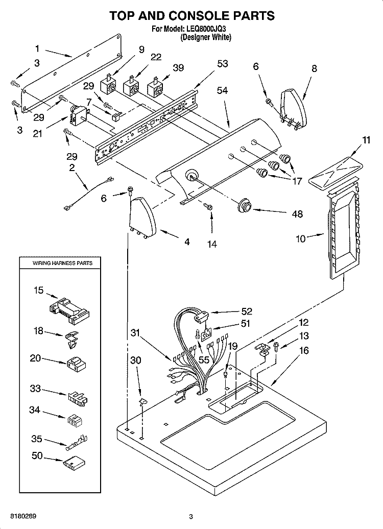 TOP AND CONSOLE PARTS OPTIONAL PARTS (NOT INCLUDED) Diagram and Parts List for LEQ8000JQ3  Whirlpool Dryer