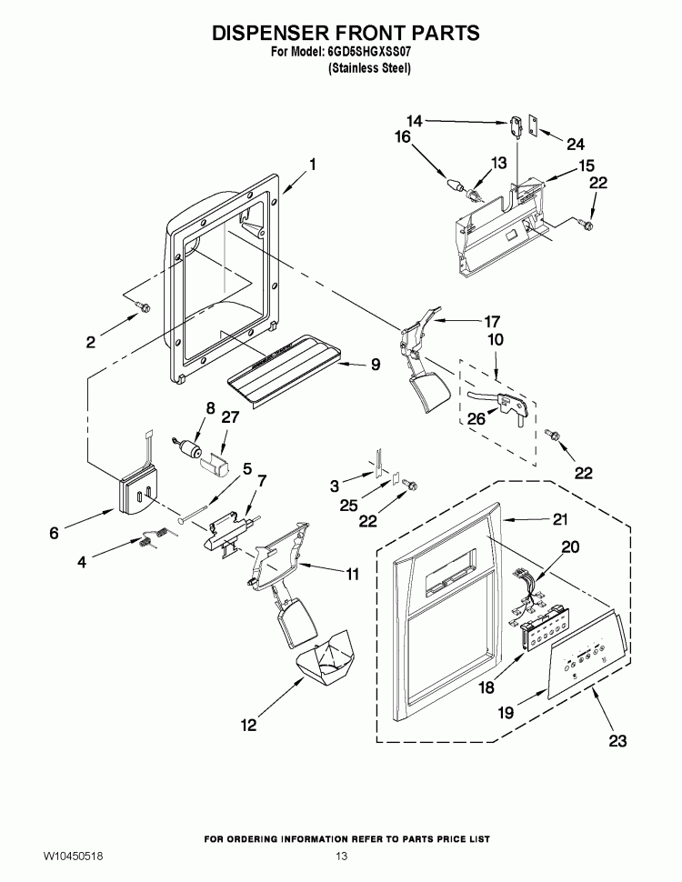 DISPENSER FRONT PARTS Diagram and Parts List for 6GD5SHGXSS07  Whirlpool Refrigerator