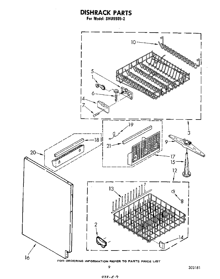 DISHRACK Diagram and Parts List for SHU99052  Whirlpool Dishwasher