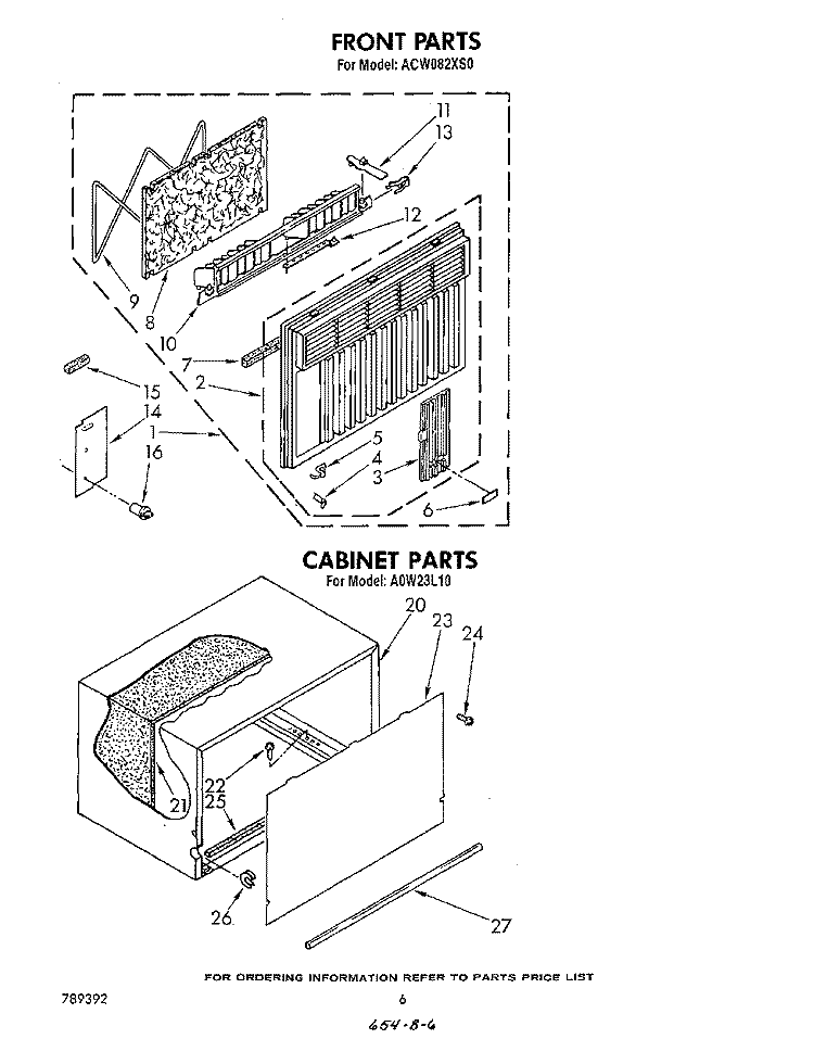 FRONT, CABINET Diagram and Parts List for ACW082XS0  Whirlpool Air Conditioner
