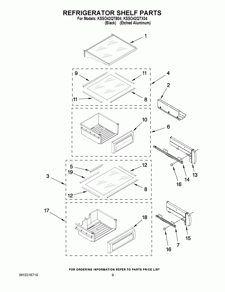 REFRIGERATOR SHELF PARTS Diagram and Parts List for KSSO42QTX04  KitchenAid Refrigerator