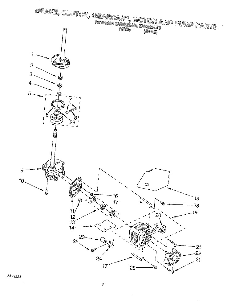 BRAKE, CLUTCH, GEARCASE, MOTOR AND PUMP Diagram and Parts List for KAWS850JQ0  KitchenAid Washer