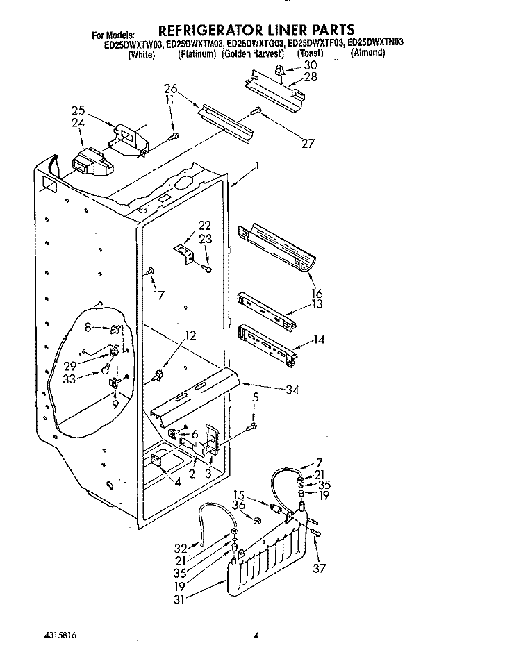 REFRIGERATOR LINER Diagram and Parts List for ED25DWXTW03  Whirlpool Refrigerator
