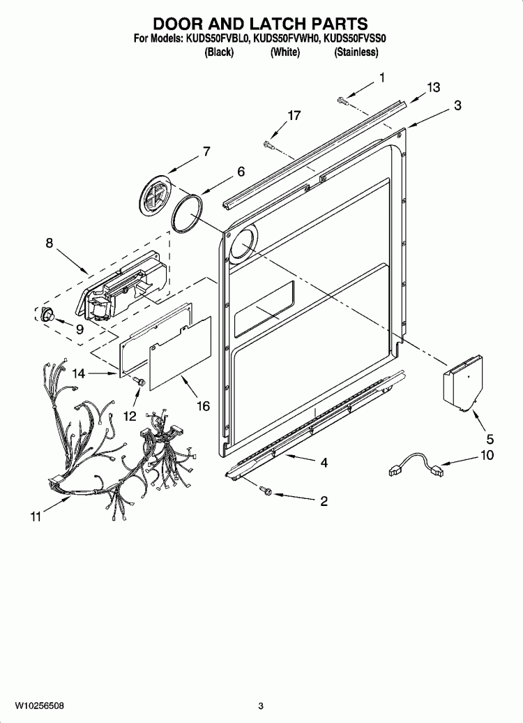 DOOR AND LATCH PARTS Diagram and Parts List for KUDS50FVSS0  KitchenAid Dishwasher