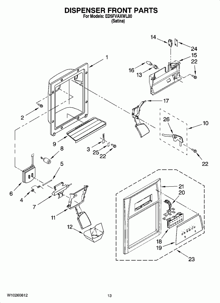 DISPENSER FRONT PARTS Diagram and Parts List for ED5FVAXWL00  Whirlpool Refrigerator