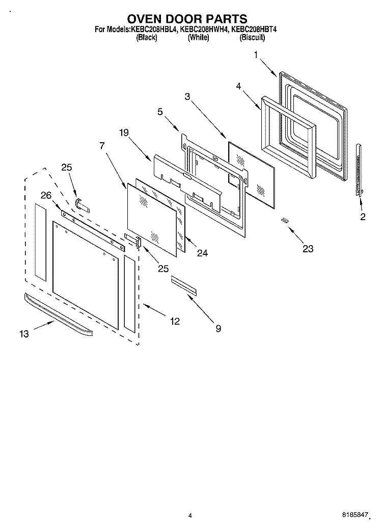 OVEN DOOR Diagram and Parts List for KEBC208HBL4  KitchenAid Wall Oven
