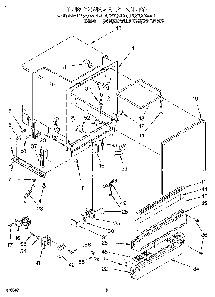 TUB ASSEMBLY Diagram and Parts List for DU940QWDB6  Whirlpool Dishwasher