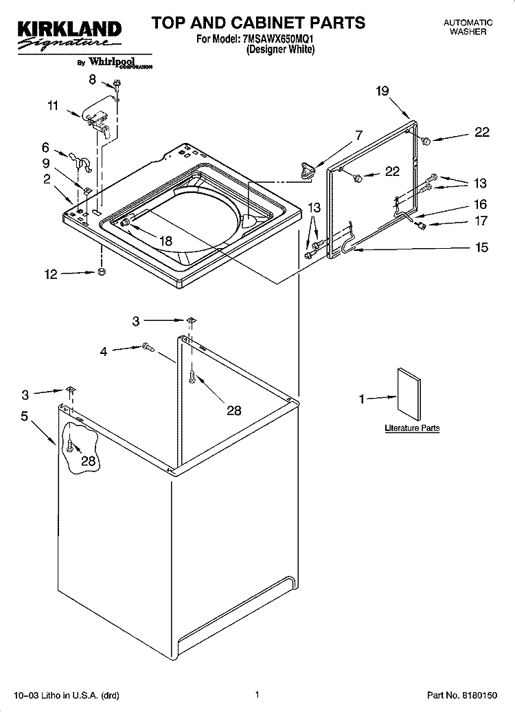 TOP AND CABINET PARTS Diagram and Parts List for 7MSAWX650MQ1  Whirlpool Washer