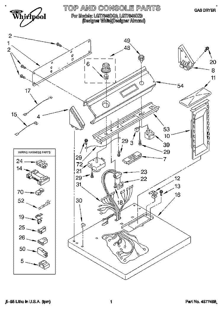 TOP AND CONSOLE, LIT/OPTIONAL Diagram and Parts List for LGT7848DZ0  Whirlpool Dryer