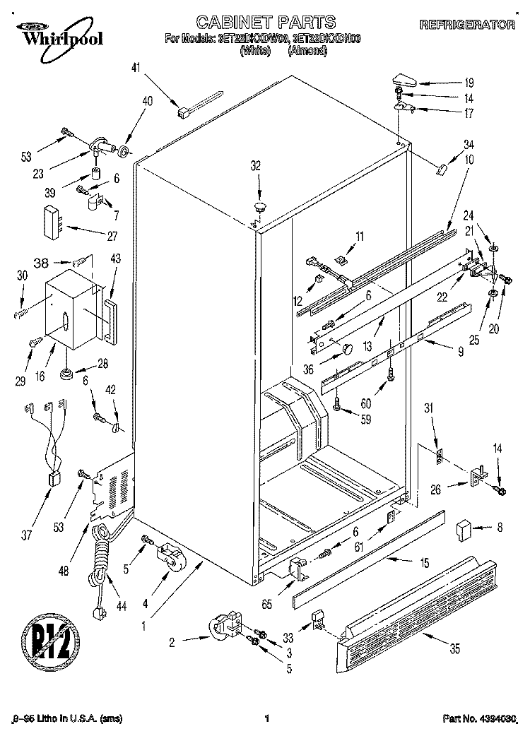 CABINET Diagram and Parts List for 3ET22DKXDN00  Whirlpool Refrigerator
