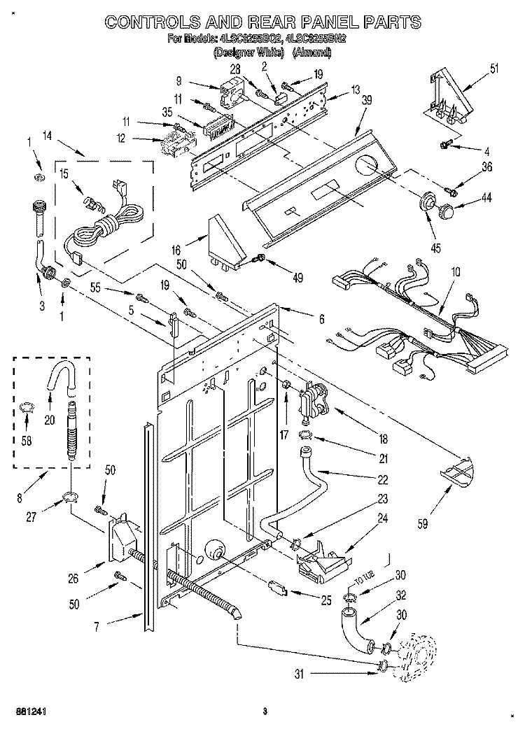 CONTROLS AND REAR PANEL Diagram and Parts List for 4LSC8255BN2  Whirlpool Washer