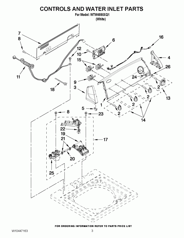 CONTROLS AND WATER INLET PARTS Diagram and Parts List for WTW4850XQ1  Whirlpool Washer