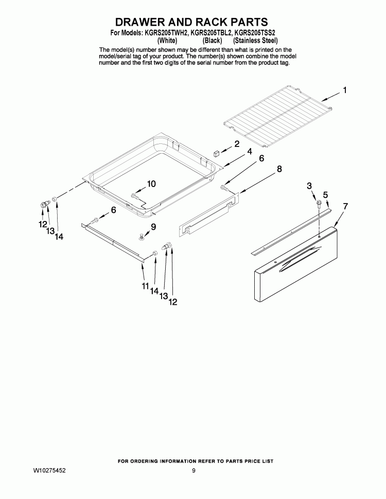 DRAWER AND RACK PARTS Diagram and Parts List for KGRS205TBL2  KitchenAid Range